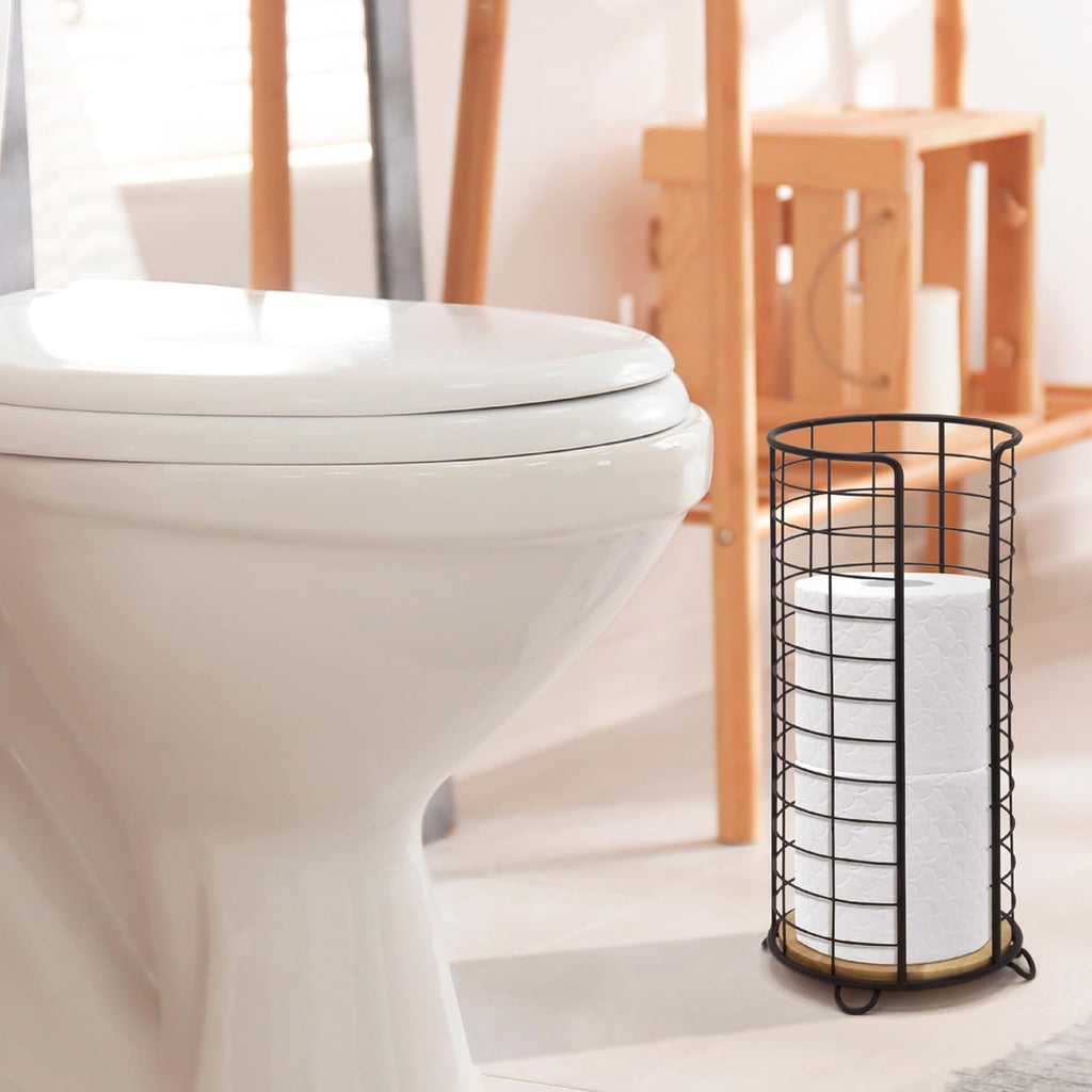 BROOKSTONE, Stylish Toilet Paper Holder with Bamboo Base, Freestanding Bathroom Tissue Organizer, Minimalistic Storage Solution, Modern Trending Design [Holds Large Rolls], Black…