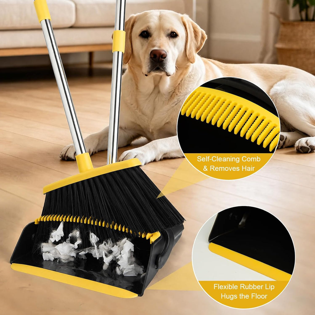 Broom and Dustpan Set,Long Handle,Black Yellow