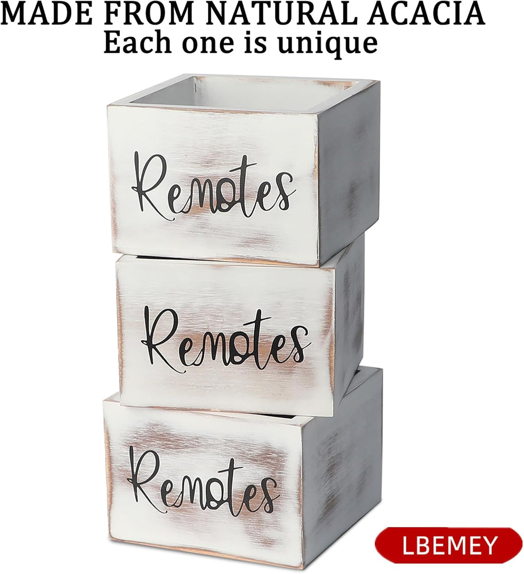 LBEMEY Wood Remote Control Holder, TV Remote Control Organizer for Home Bedroom Table, Multi-Purpose Desktop Storage (Retro White, M,for 3+ Remote Controls)