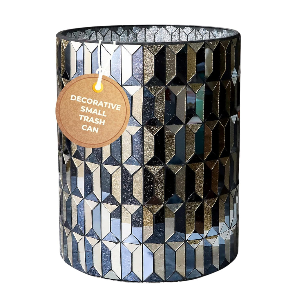 Escenzy Black Gold Bathroom Trash Can, Handmade Mosaic Glass 1.3 Gal / 5L | Decorative Waste Basket for Bathroom, Bedroom, Office | Luxury Black Gold Bathroom Decor | Glam Home Decor Gift