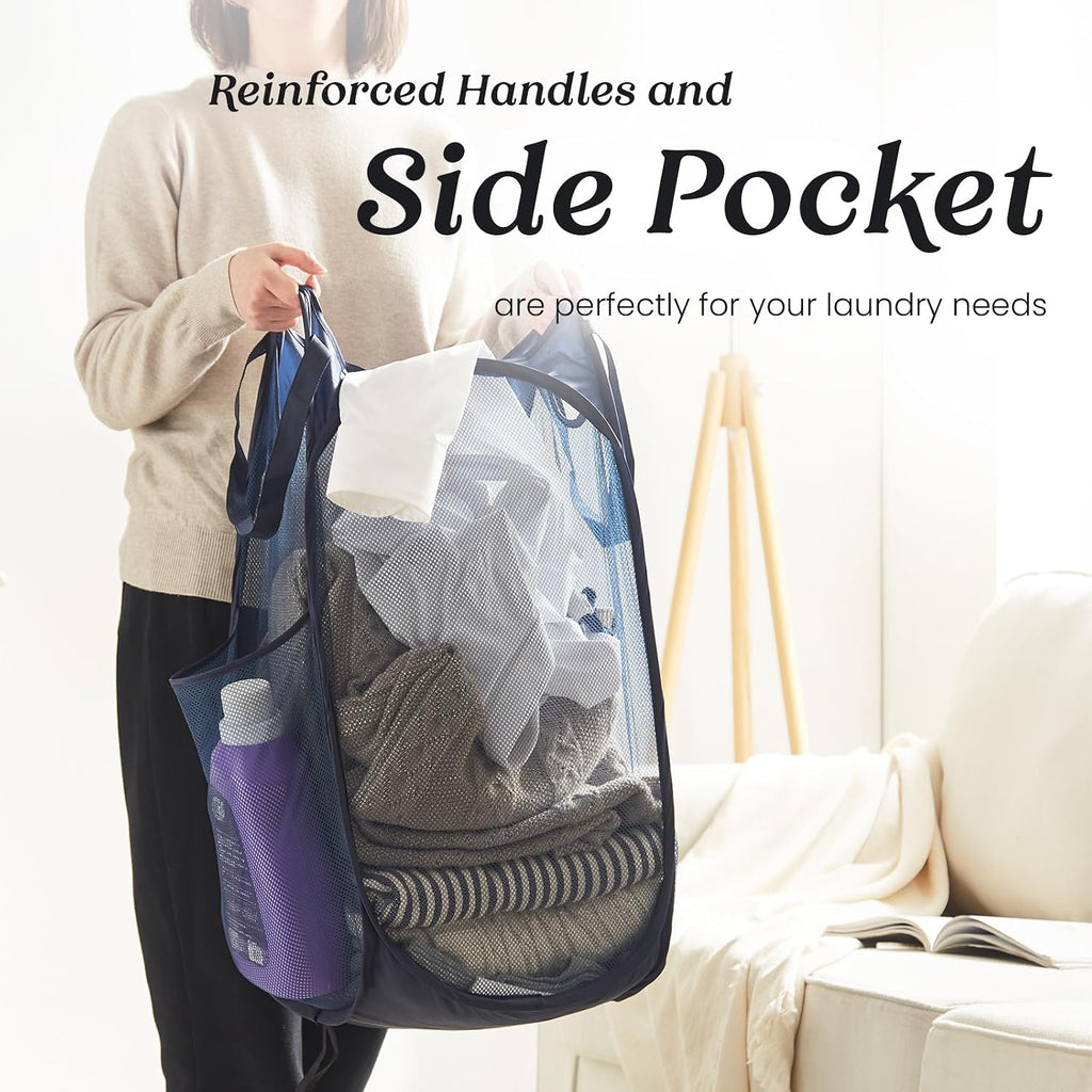 Collapsible Mesh Laundry Basket with Side Pocket & Sturdy Handles