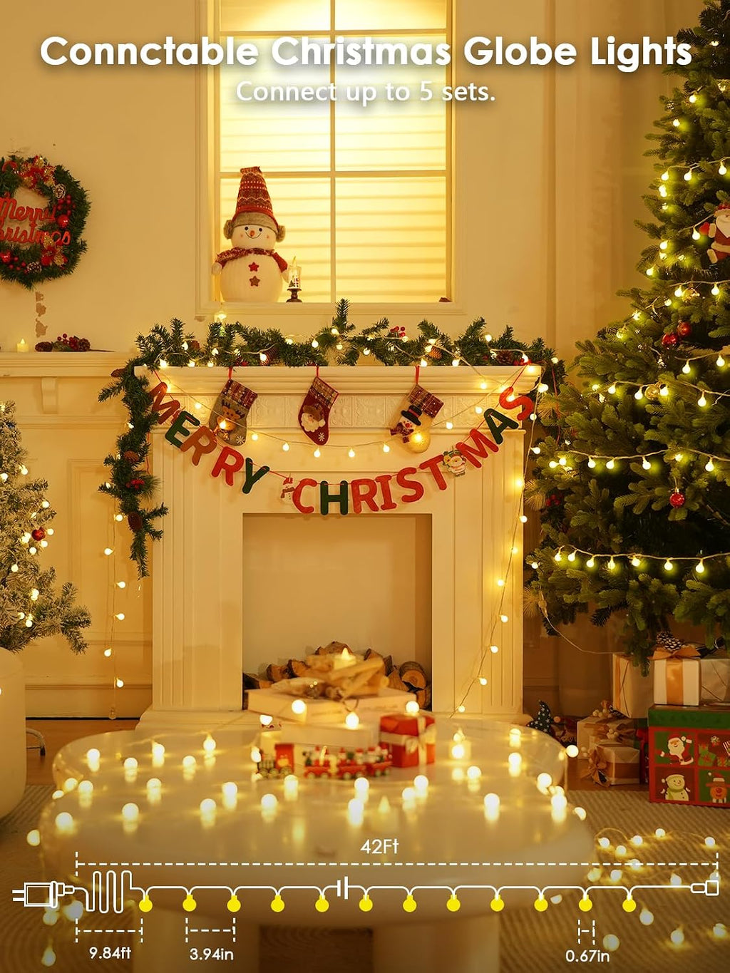 Connectable 43FT 100LED Globe String Lights Indoor, Smart Christmas Lights