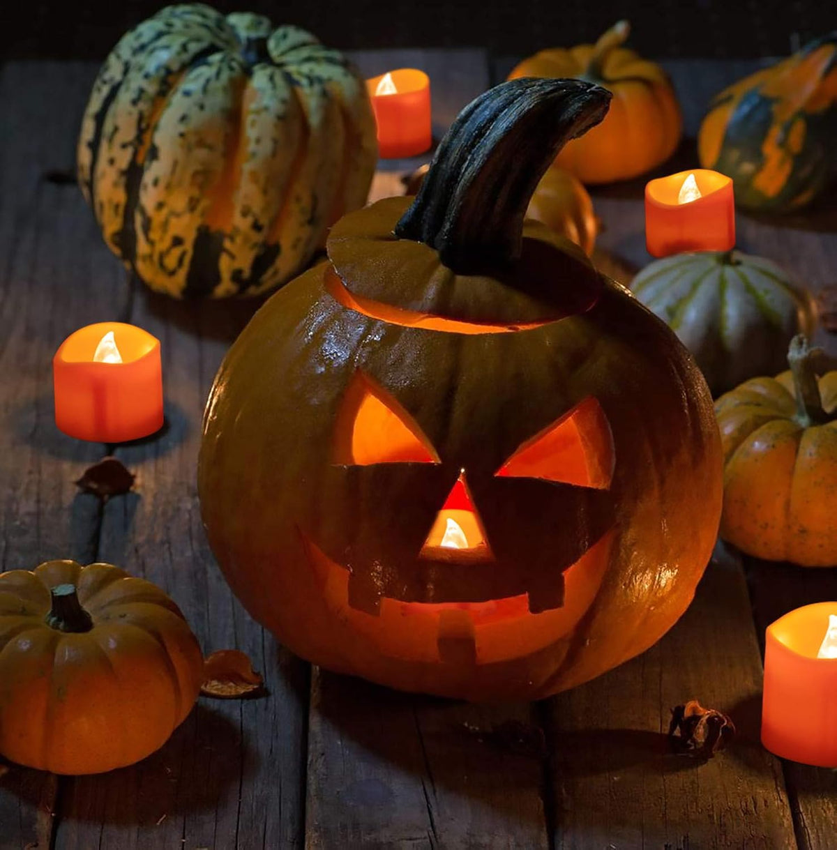 BEICHI 24 Pack Halloween Tea Lights, Realistic Orange Tea Candles, Battery Operated Flameless Tealights for Halloween, Fall Decorations