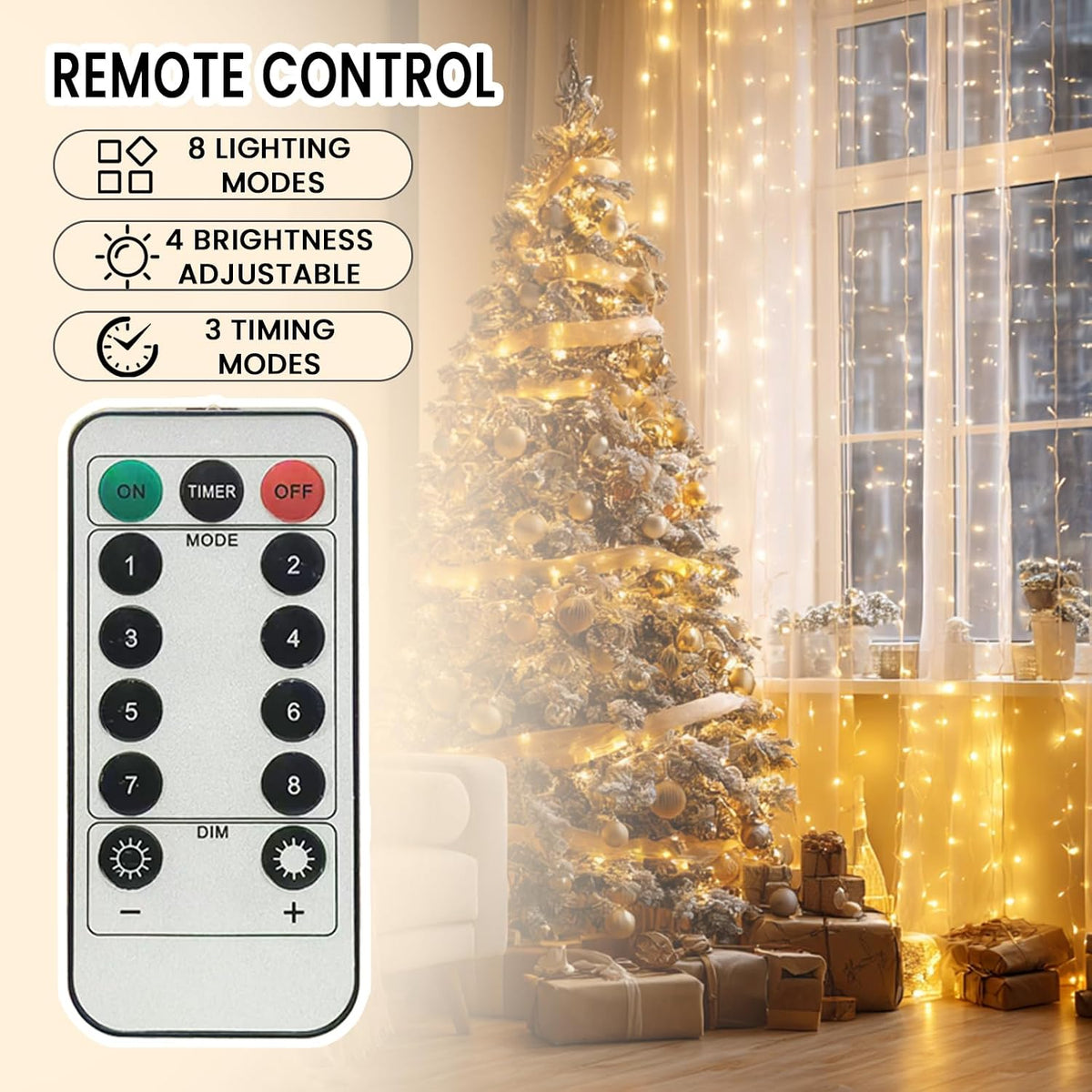 9.8x19.6Ft Curtain String Lights Plug in,600 Warm White LED Curtain Lights with Remote,Timer,Memory,Waterproof Clear Wire for Indoor Outdoor Bedroom Window Decor