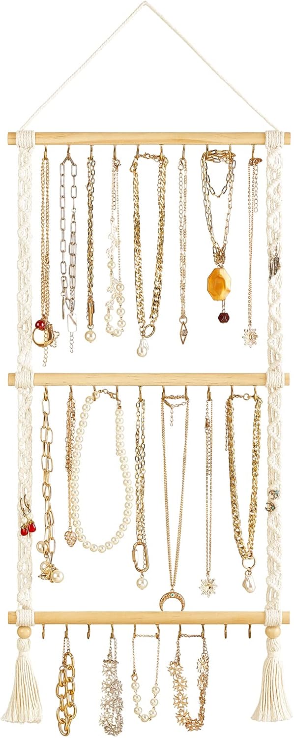 Dahey Hanging Necklace Holder Organizer Macrame Jewelry Hanger for Wall