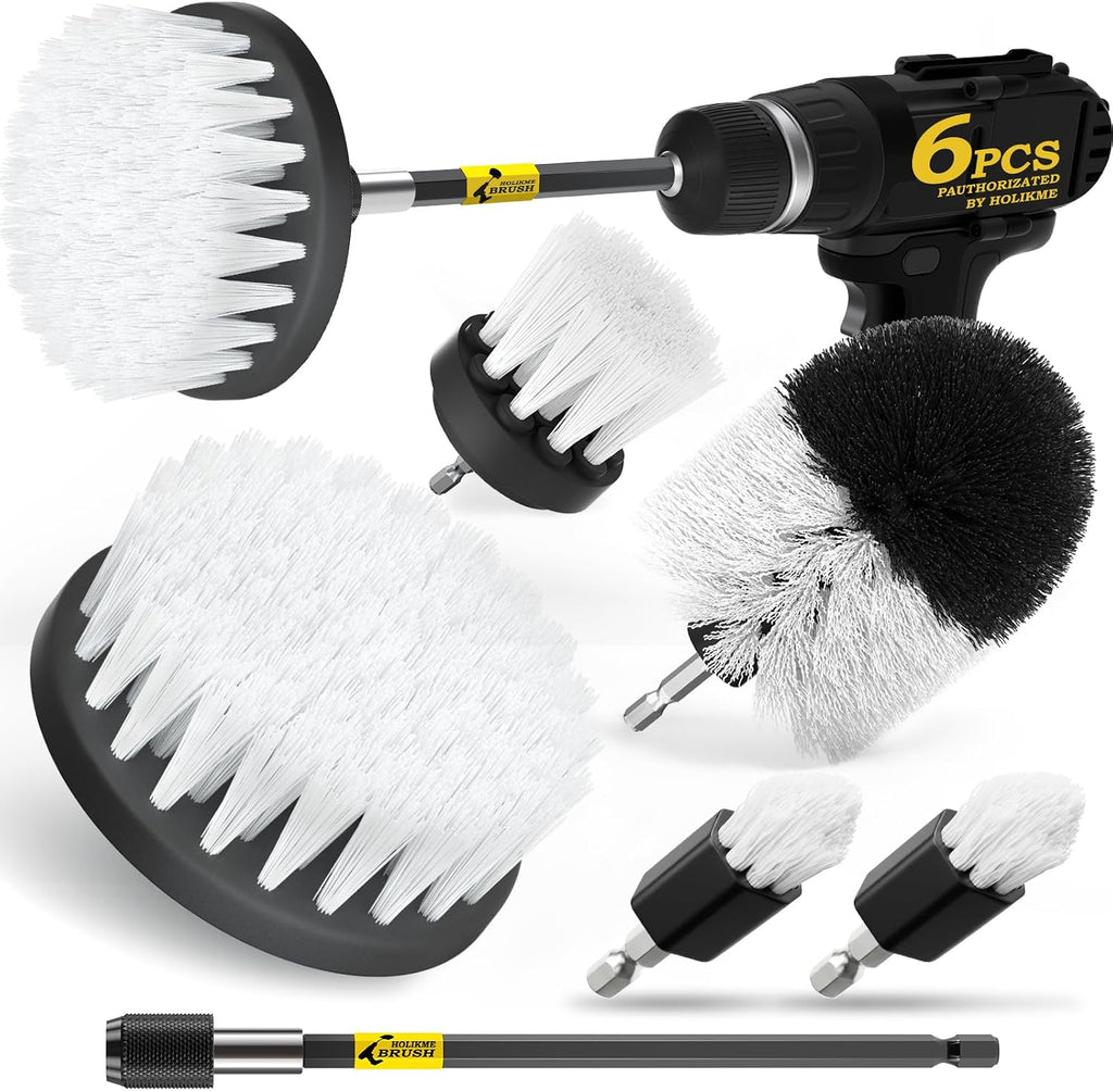 Holikme 6Pack Drill Brush Power Scrubber Cleaning Brush Extended Long Attachment Set All Purpose Drill Scrub Brushes Kit for Grout, Floor, Tub, Shower, Tile, Bathroom and Kitchen Surface White