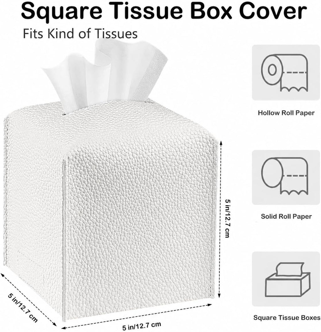 Square Tissue Box Cover PU Leather Tissue Holder for Bathroom, Cube Décorative Organizer, Tissue Paper Dispenser for Bathroom, Kitchen, Bedroom, Office, Tabletop (2, White)