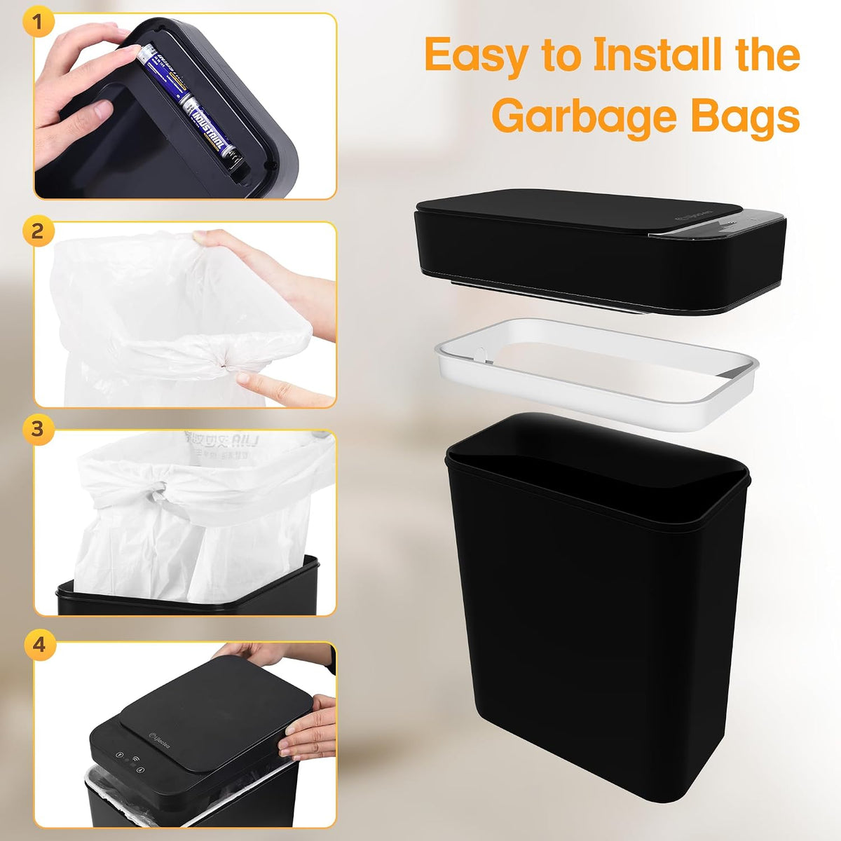 Black Bathroom Trash Can 2.6 Gallon Motion Sensor Trash Cans Automatic Touchless Garbage Bin Small Smart Trash Can for Bathroom,Kitchen, Toilet, Bedroom, RV