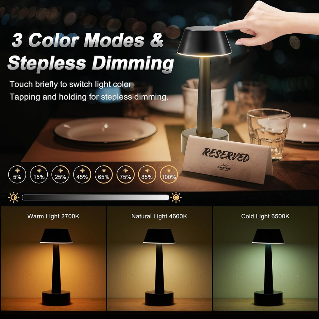 2 Pack Small Cordless Table Lamp for Restaurant, Black Metal Lamp