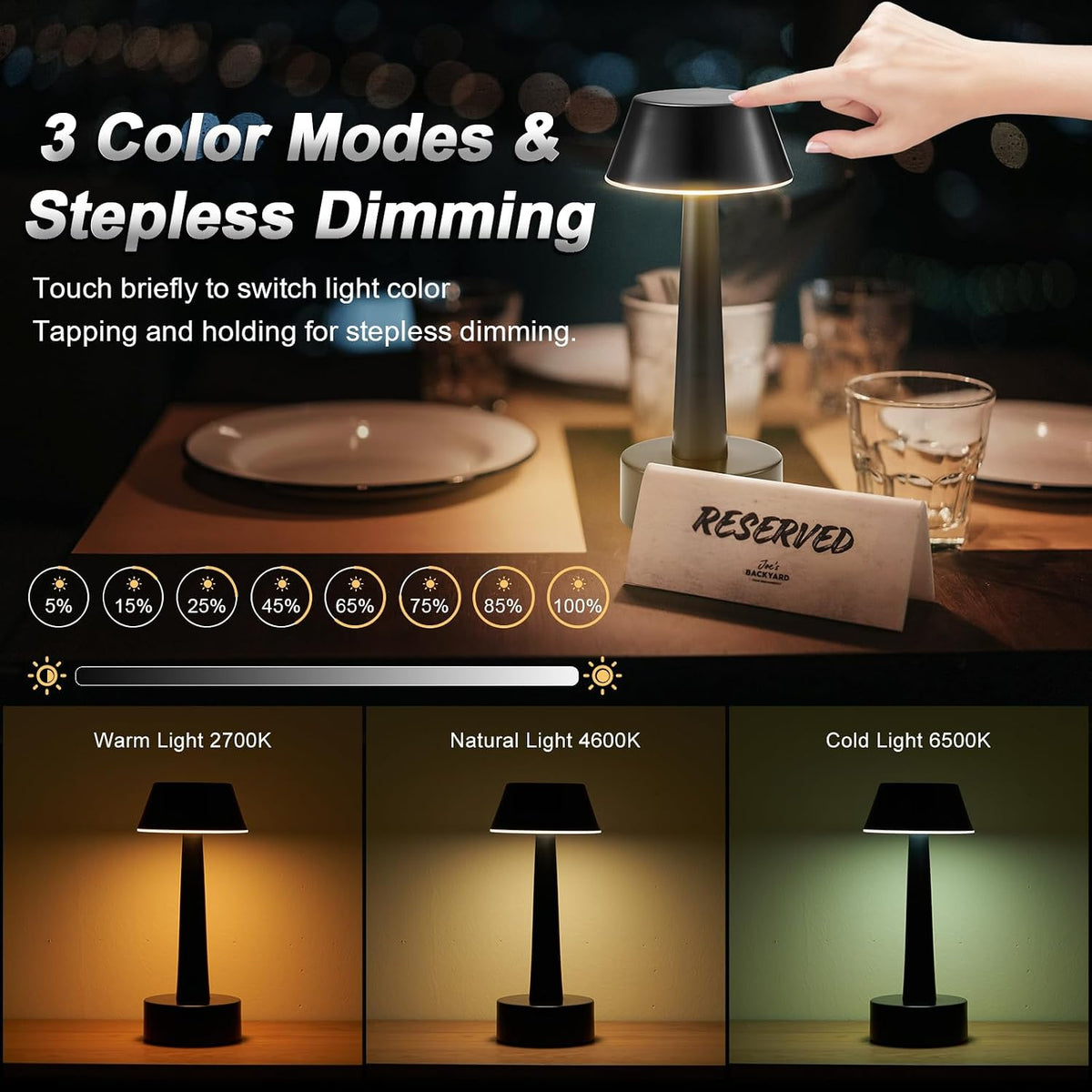 2 Pack Small Cordless Table Lamp for Restaurant, Black Metal Lamp
