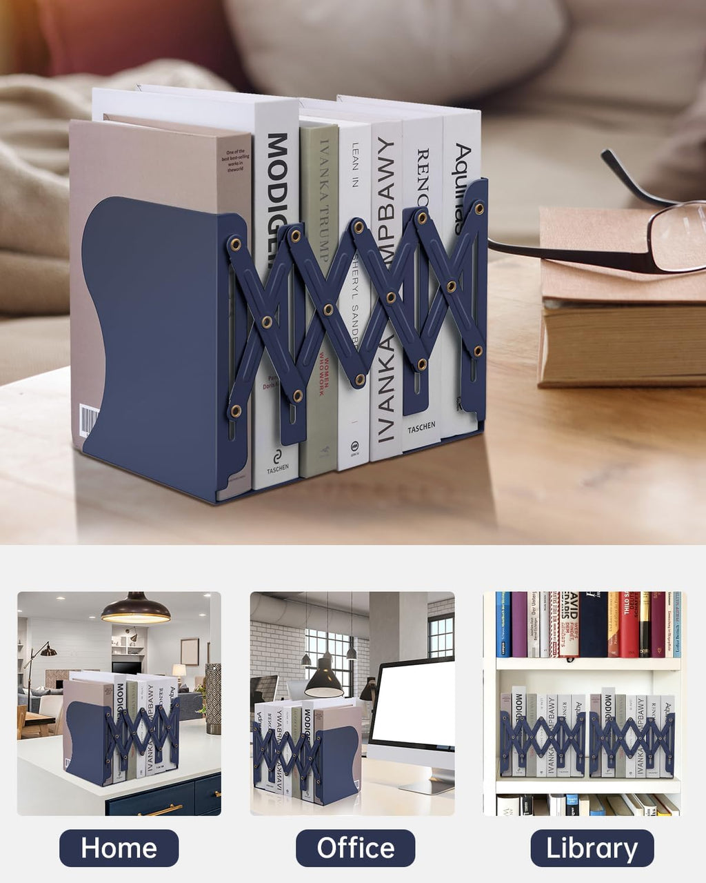 Honagu Adjustable Bookends, Metal Book Ends for Shelves Heavy Book, Desk Magazine File Organizer for Home, Office, Books, Papers, Extends up to 19 inches (Royal Blue)