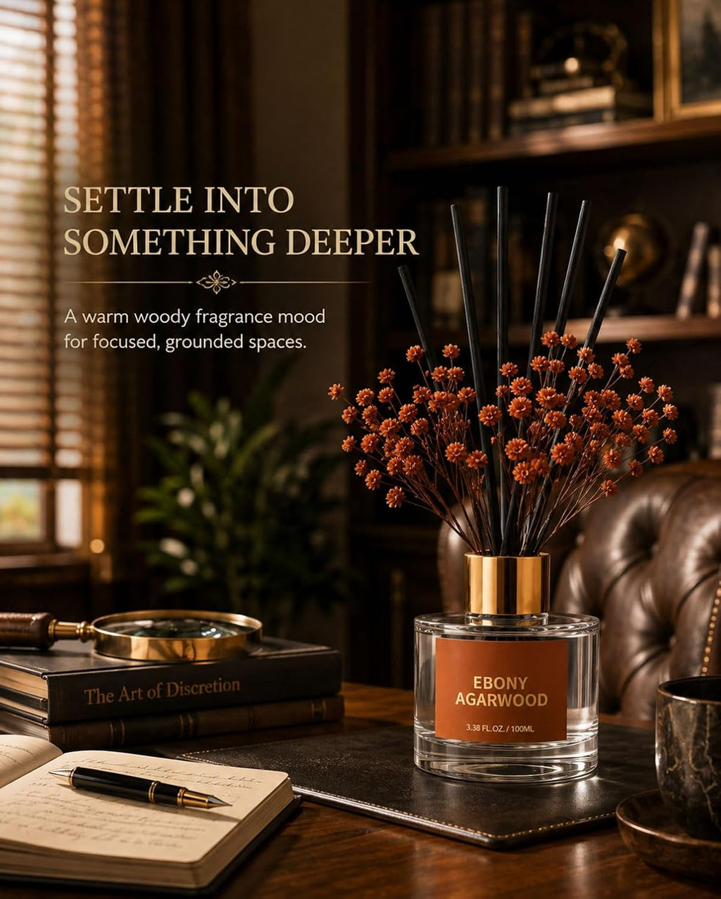 Reed Diffuser Set, Ebony Agarwood, 3.38 fl oz with 6 Sticks