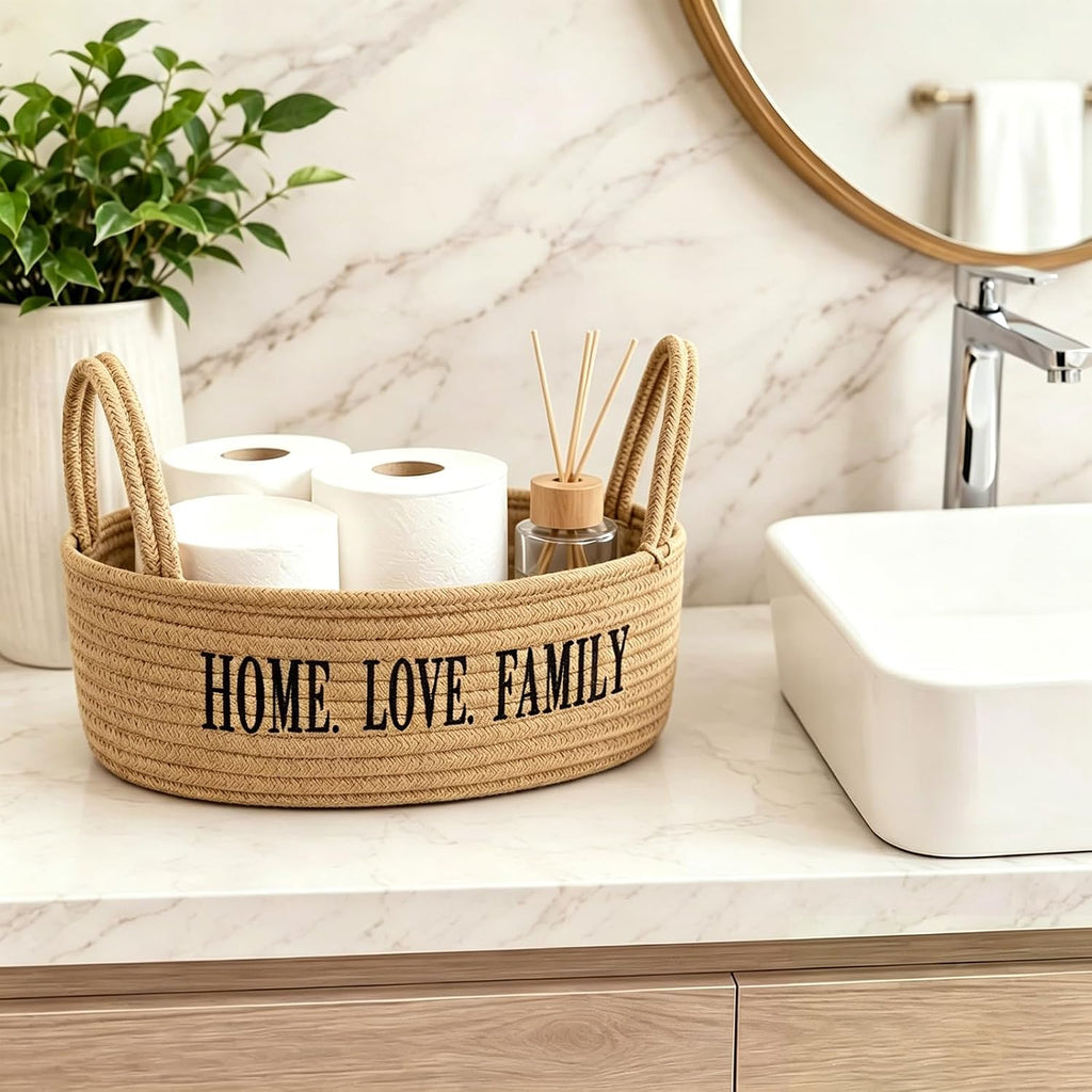 2 Pack Cotton Rope Storage Baskets, Toilet Tank Basket with Handles, "HOME. LOVE. FAMILY" Embroidered Bathroom Organizer Bin, Rectangular Woven Storage Basket for Bathroom, Shelves, Countertop, Vanity