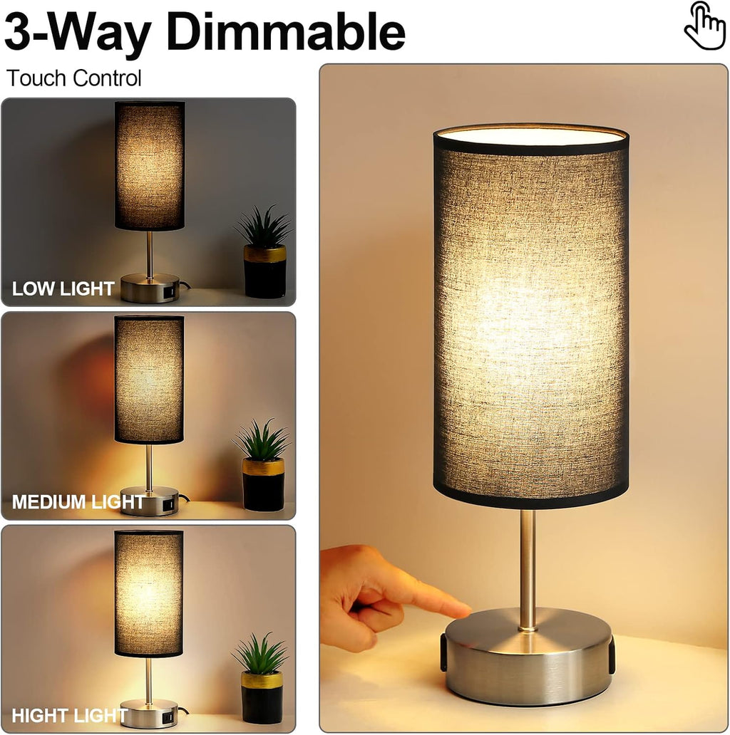 Yarra-Decor 【Upgraded Bedside Lamp with USB A+C Charging Ports & AC Outlet Touch Control Table Lamp for Bedroom 3 Way Dimmable Nightstand Lamp with Black Shade for Home,Office, Dorm(Bulb Included)
