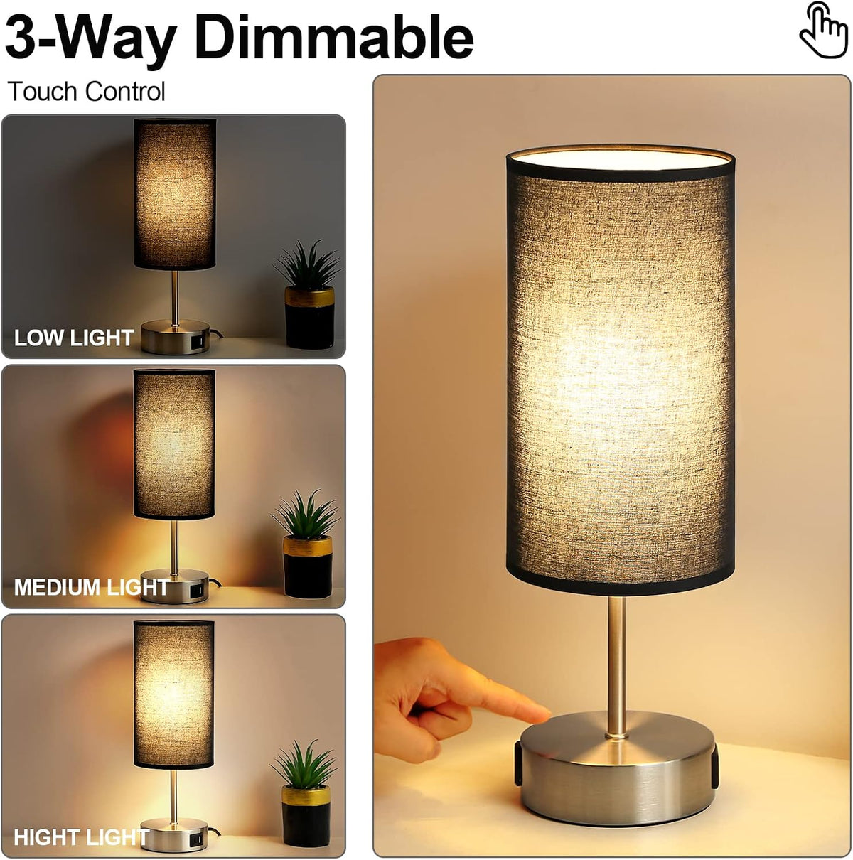 Yarra-Decor 【Upgraded Bedside Lamp with USB A+C Charging Ports & AC Outlet Touch Control Table Lamp for Bedroom 3 Way Dimmable Nightstand Lamp with Black Shade for Home,Office, Dorm(Bulb Included)