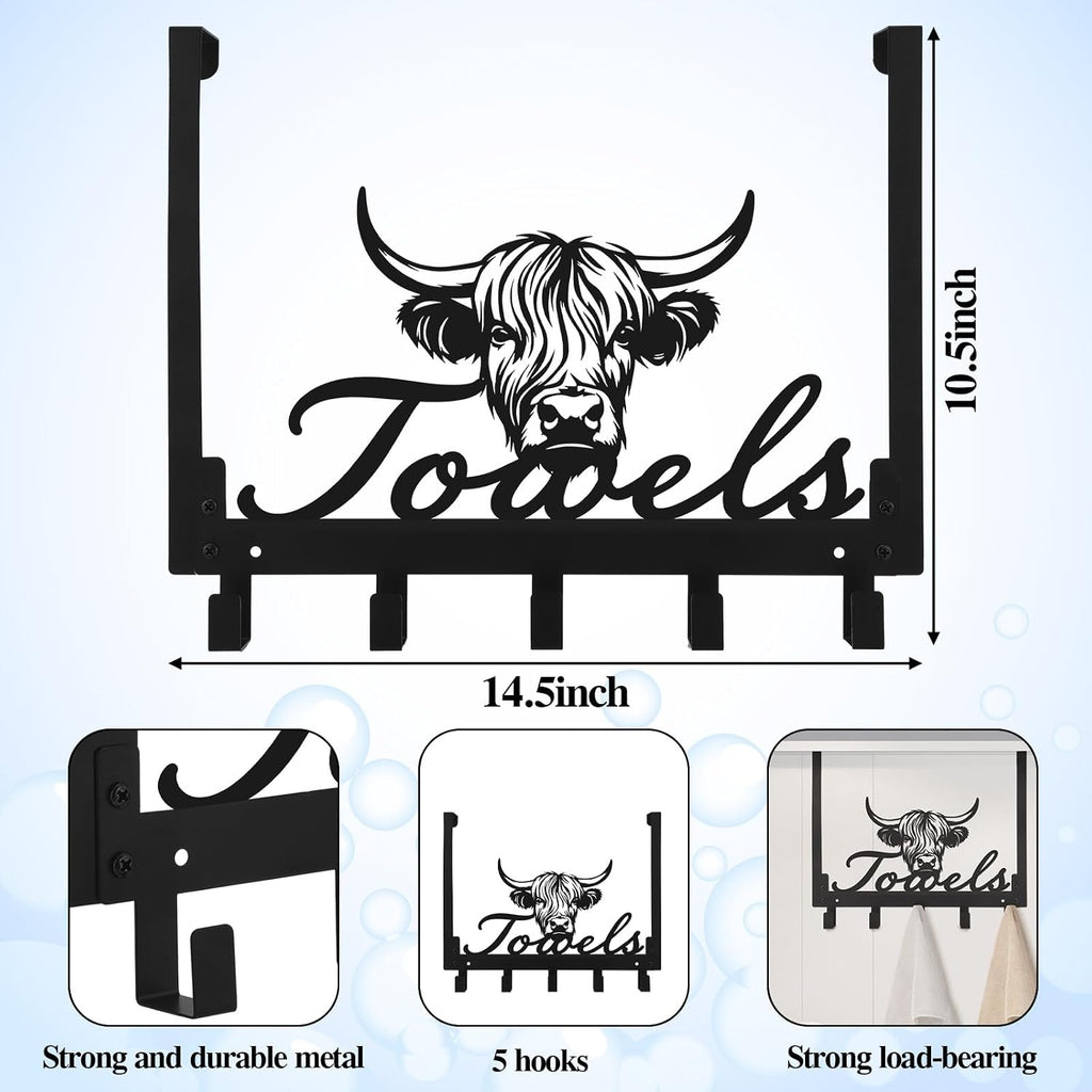 Kathfly Cute Chibi Highland Cow Over the Door Hooks Towel Hooks Heavy Duty Hanging Towel Rack Over Door Hanger, 5 Coat Hanger for Bedroom Bathroom Kitchen