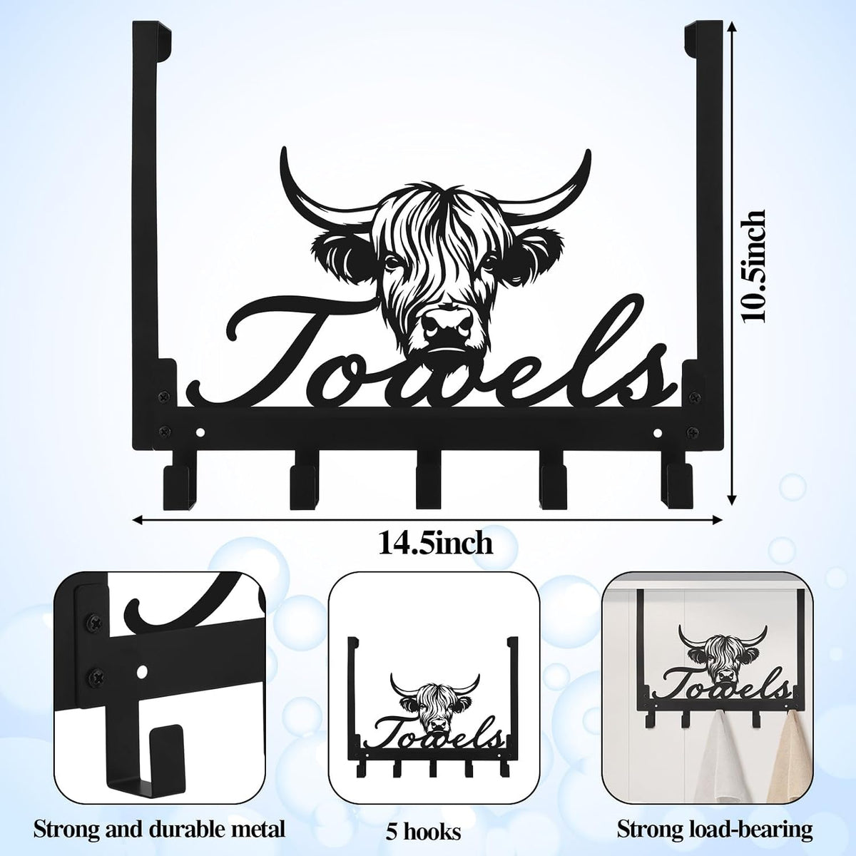 Kathfly Cute Chibi Highland Cow Over the Door Hooks Towel Hooks Heavy Duty Hanging Towel Rack Over Door Hanger, 5 Coat Hanger for Bedroom Bathroom Kitchen