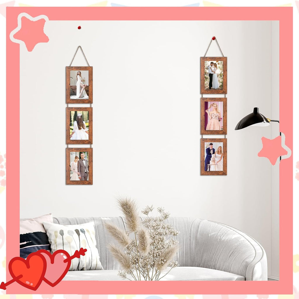 5x7 Rustic Brown Hanging Collage Picture Frames Set of 2, 3 Openings Collage Photo Frames Rustic Wooden Real Glass Vertical Hanging