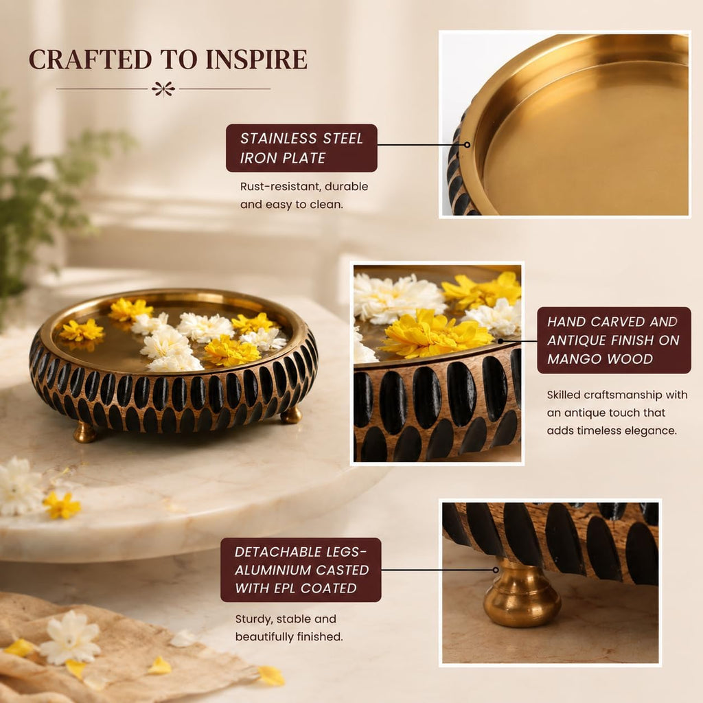 RITUALISTIC Aavrit Wooden Urli | Urli for Flower Decoration | Wooden Urli Bowl for Home Decorations | Kitchen Décor | Bowl for Decoration | Perfect for Festive Occasion | 11.5 Inches