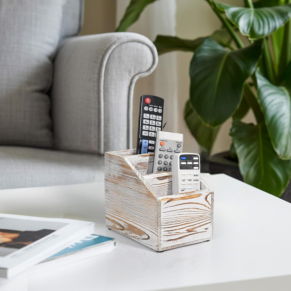 Wooden TV Remote Control Holder, 3-Slot TV Remote Caddy (White)