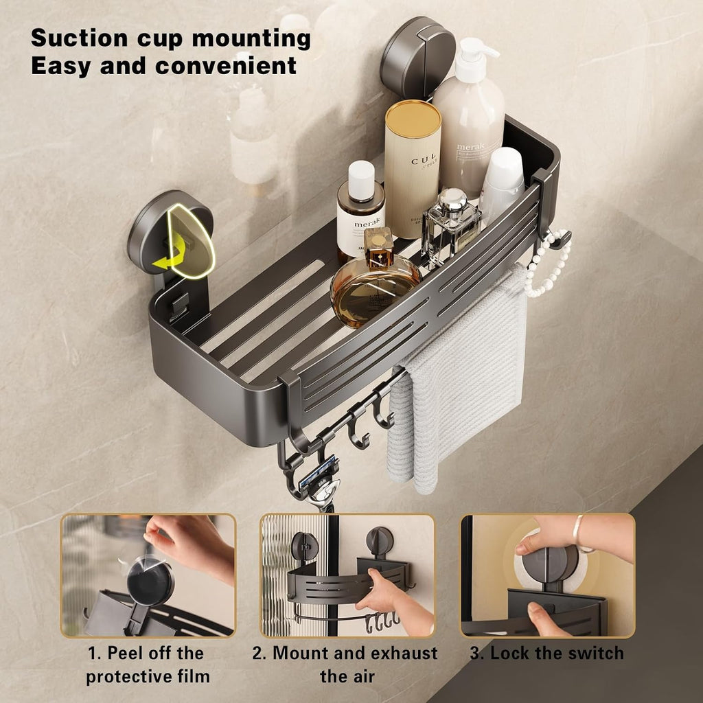 VOLPONE Shower Caddy Suction Shower Shelf No Drilling Shower Organizer Suction Cup Shower Storage Rack Aluminum Wall Mounted Shampoo Holder with Towel Bar Hooks (1-Pack, Matte Gray)