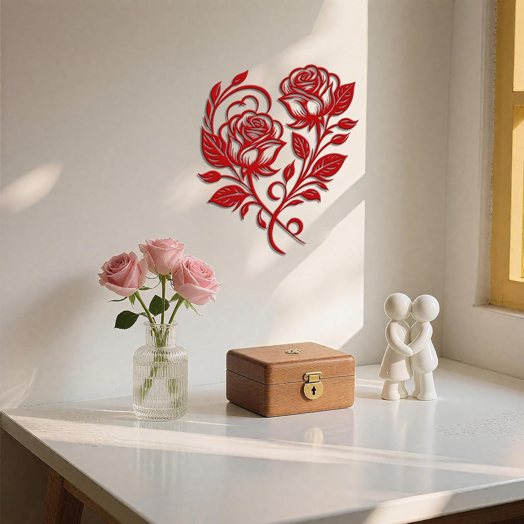Heart Wall Decor with Metal Roses, Red Metal Flowers,12.6x11 Inch