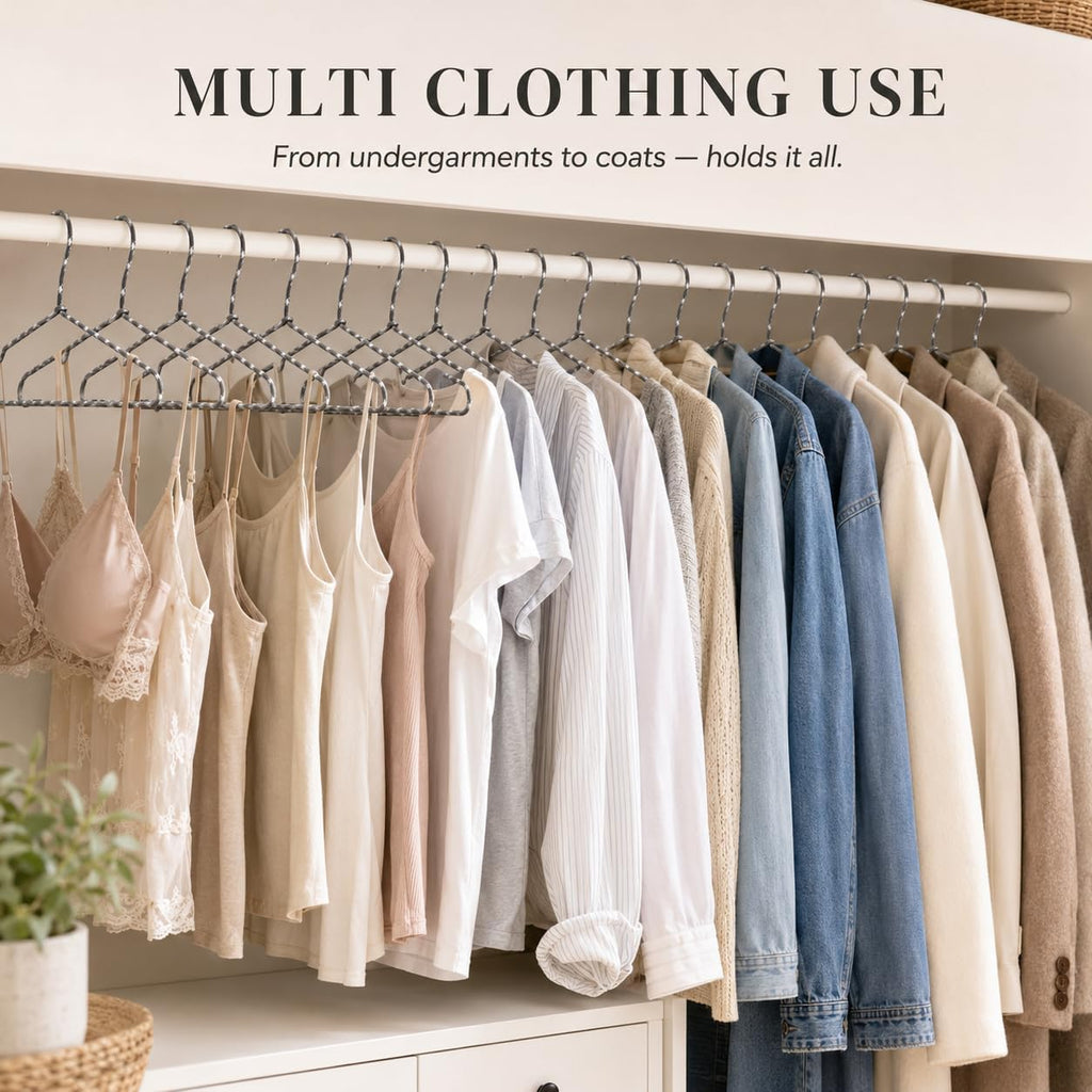 Clothes Hangers 60 Pack – Space Saving Fabric & Metal Hangers, Non-Slip Pant & Coat Hangers, Room Essentials, Closet, Durable Wardrobe Storage, Suits & Pants – Natural/White