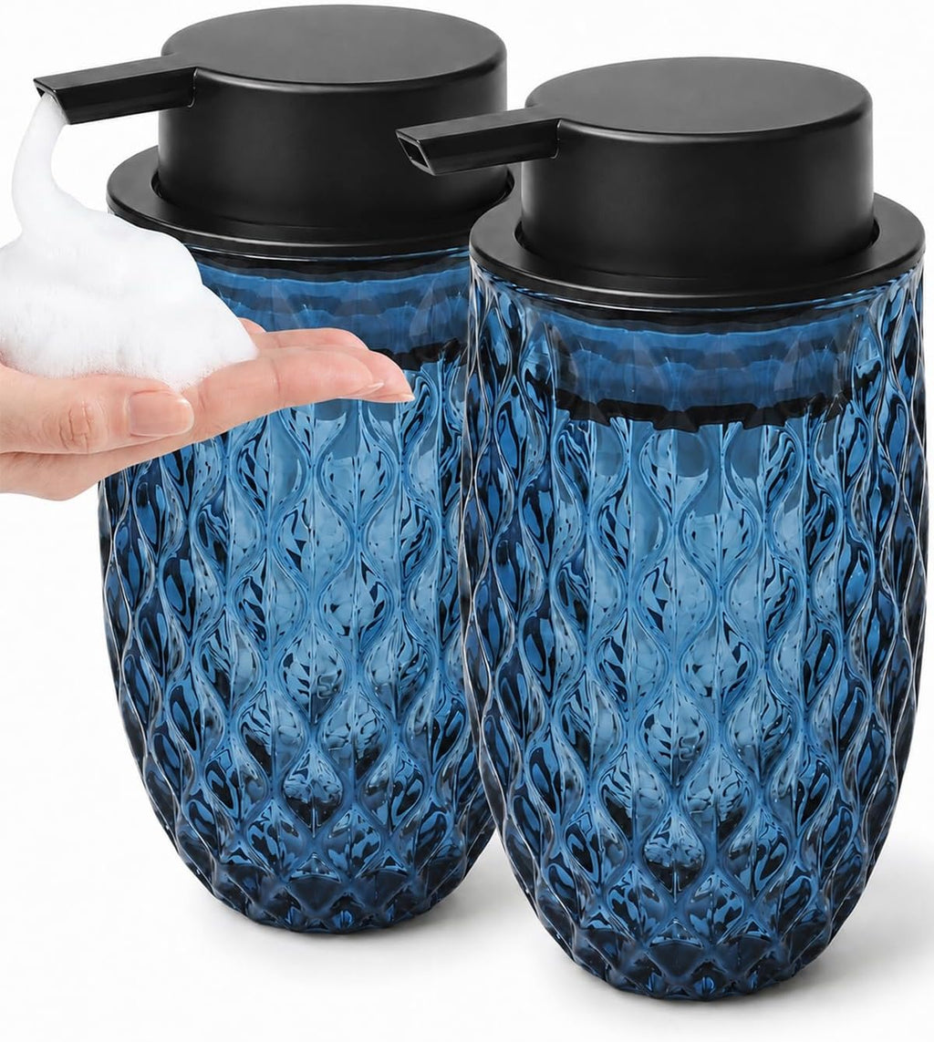 Glass Foaming Soap Dispenser, Blue Embossed Foam Hand Soap Dispenser, 2PCS