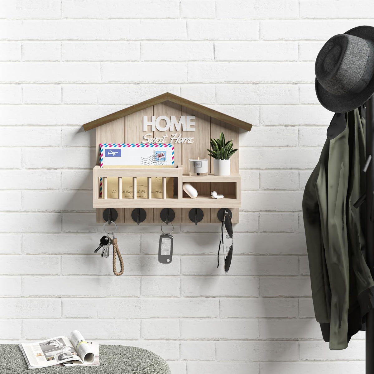 Key and Mail Holder for Wall, Wall Key Holder with Shelf, Key Rack Wall Mount, Wood Key Holder Wall Mount, Mail Organizer Wall Mounted, Entryway & Front Door Key Holder with 5 Hooks(White)
