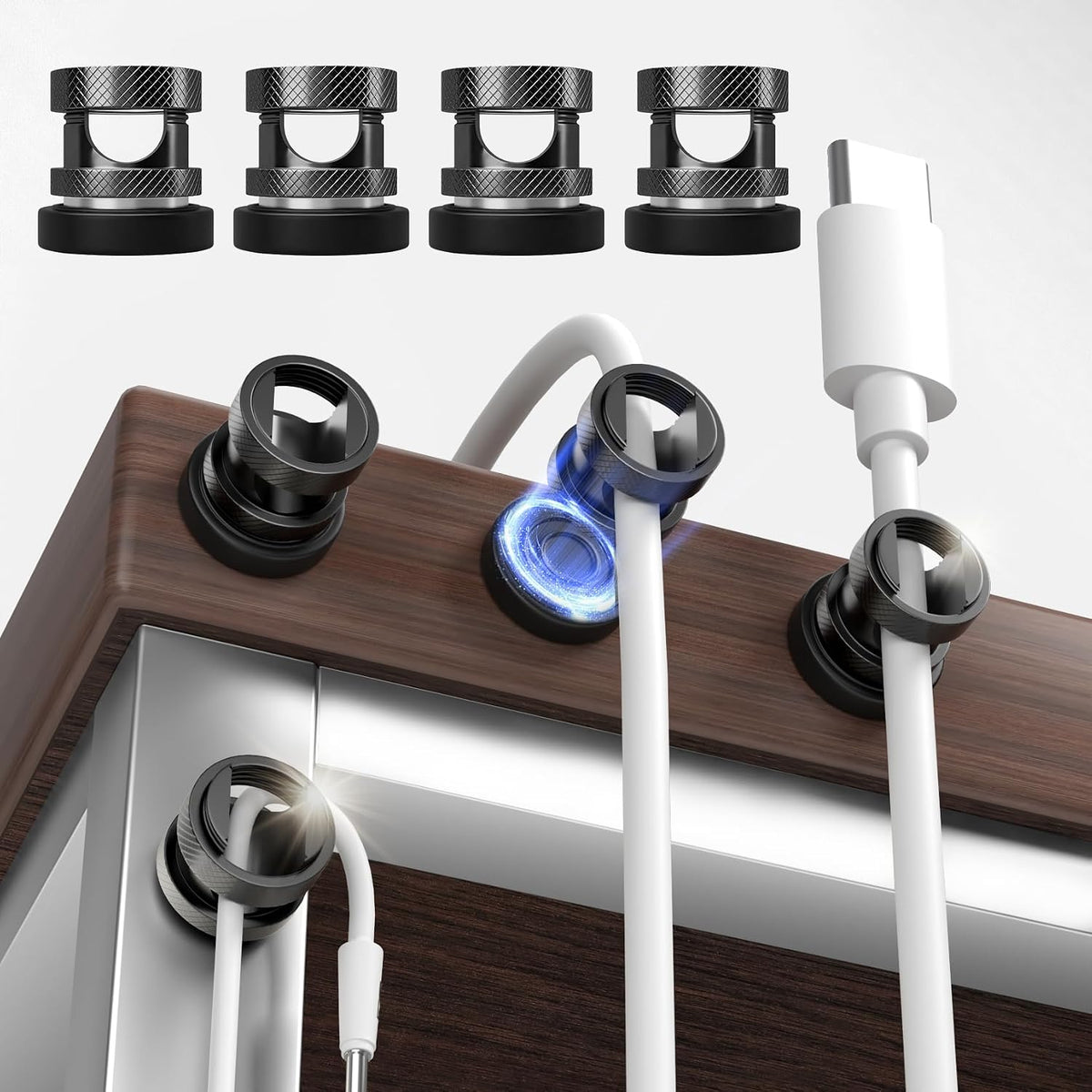 Maveek 8 Pack Magnetic Cable Holders, Cord Anchor for Desk, Metallic Black