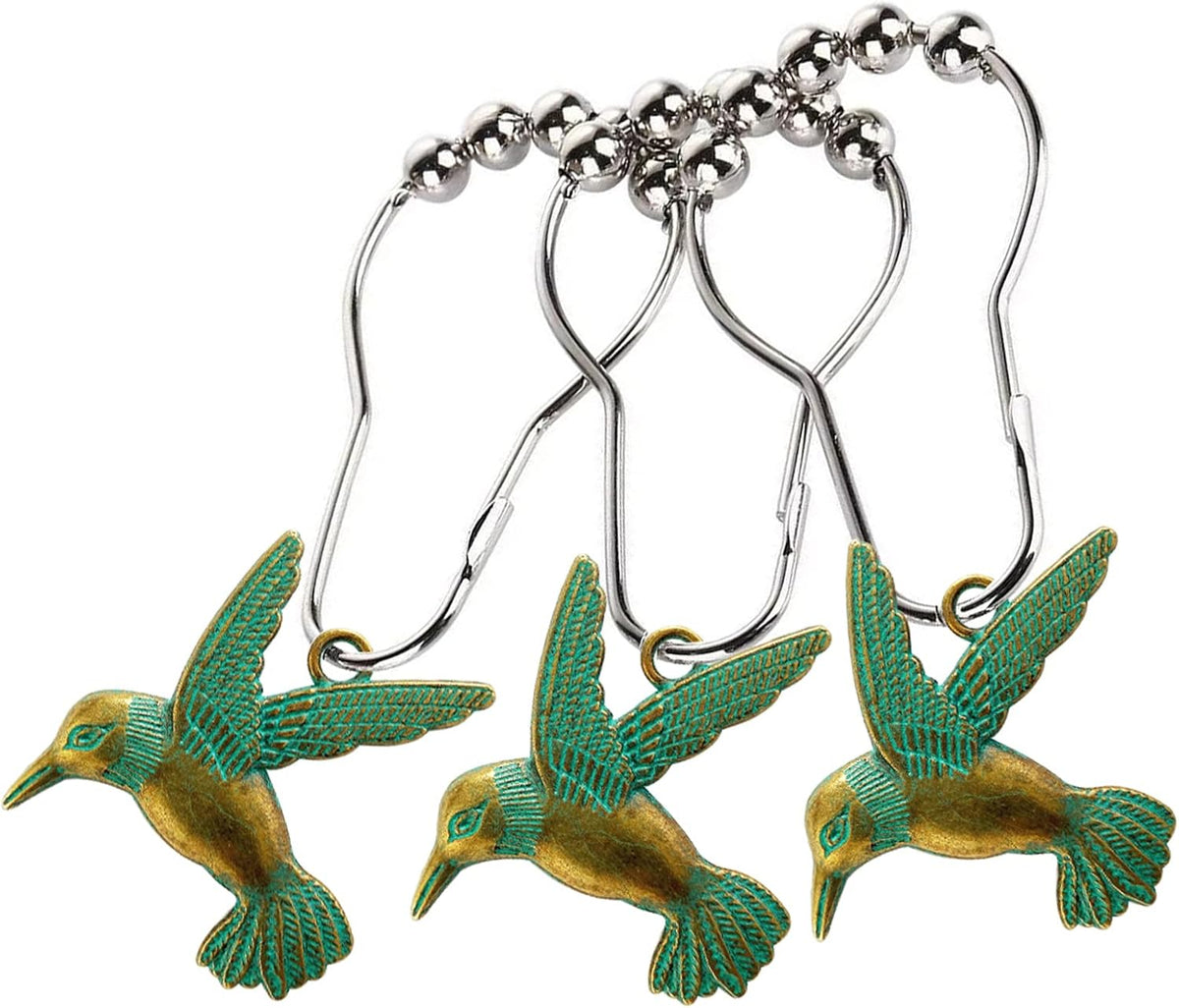 Hummingbird Shower Curtain Hooks Rings Bird Garden Nature Spring Theme Decoration Stainless Steel Rustproof Set of 12 (Patina)