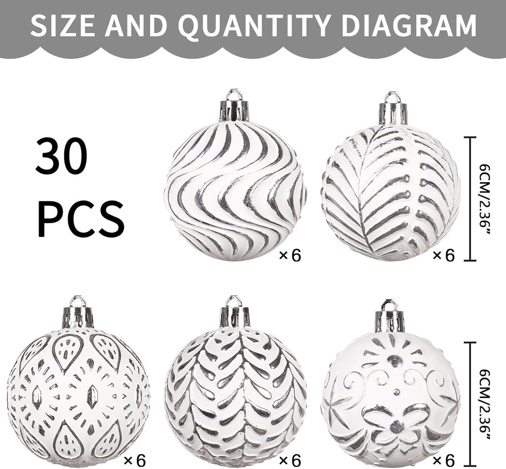 30PCS Silver/White Christmas Ball Ornaments Set for Xmas Tree Decorations