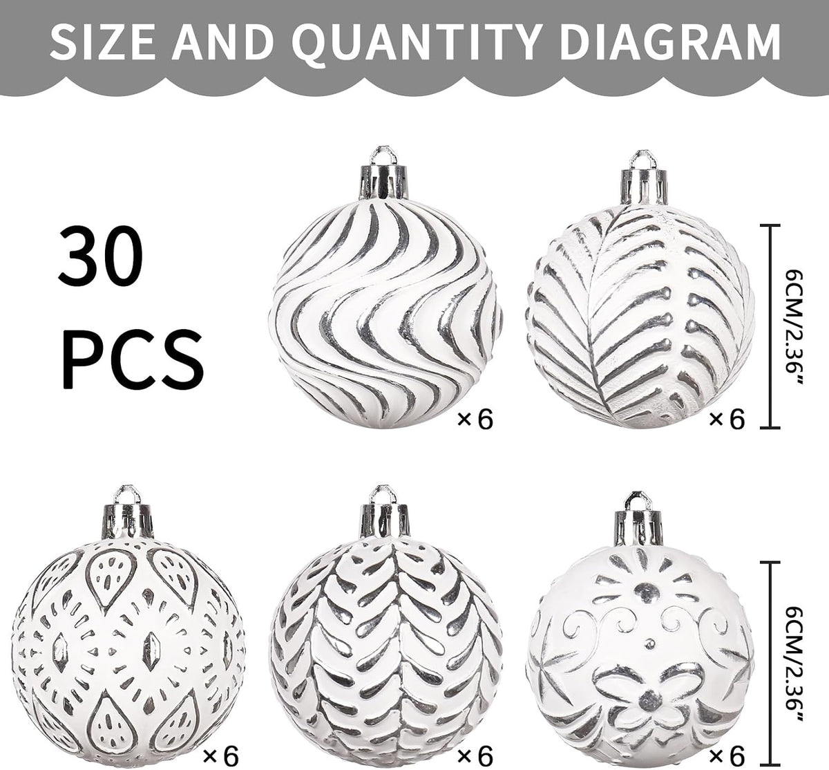 30PCS Silver/White Christmas Ball Ornaments Set for Xmas Tree Decorations