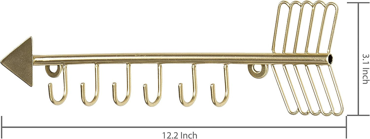 MyGift 12 Inch Wall Mounted Brass Tone Metal Arrow Shaped Jewelry Organizer, Hanging Accessories Storage Display Rack with 6 Hooks for Necklaces Bracelets Keys