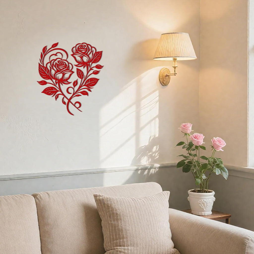 Heart Wall Decor with Metal Roses, Red Metal Flowers,12.6x11 Inch