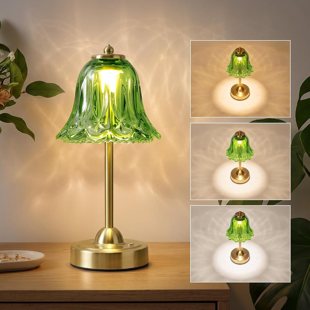 Cordless Table Lamp, Rechargeable Battery Operated Flower Touch Lamp, Green