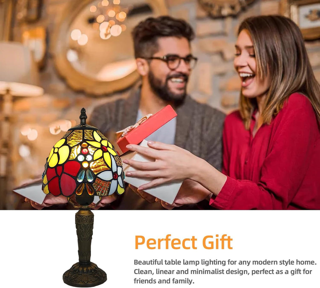 Tiffany Style Small Table Lamp,Rose Flower Stained Glass 3 Color Temperature Antique Table Lamps,Bedside Nightstand Lamp for Bedroom,Living Room,Home Office+LED Bulb,6X6X12.5Inch