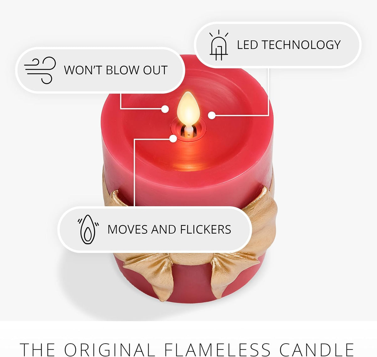 Luminara Flameless Candle 3.4" x 4.5" Real Wax w/Remote and Built-in Timer Moving Flame LED Battery Operated Holiday Red Pillar with Gold Bow Unscented Seasonal Christmas Decorations