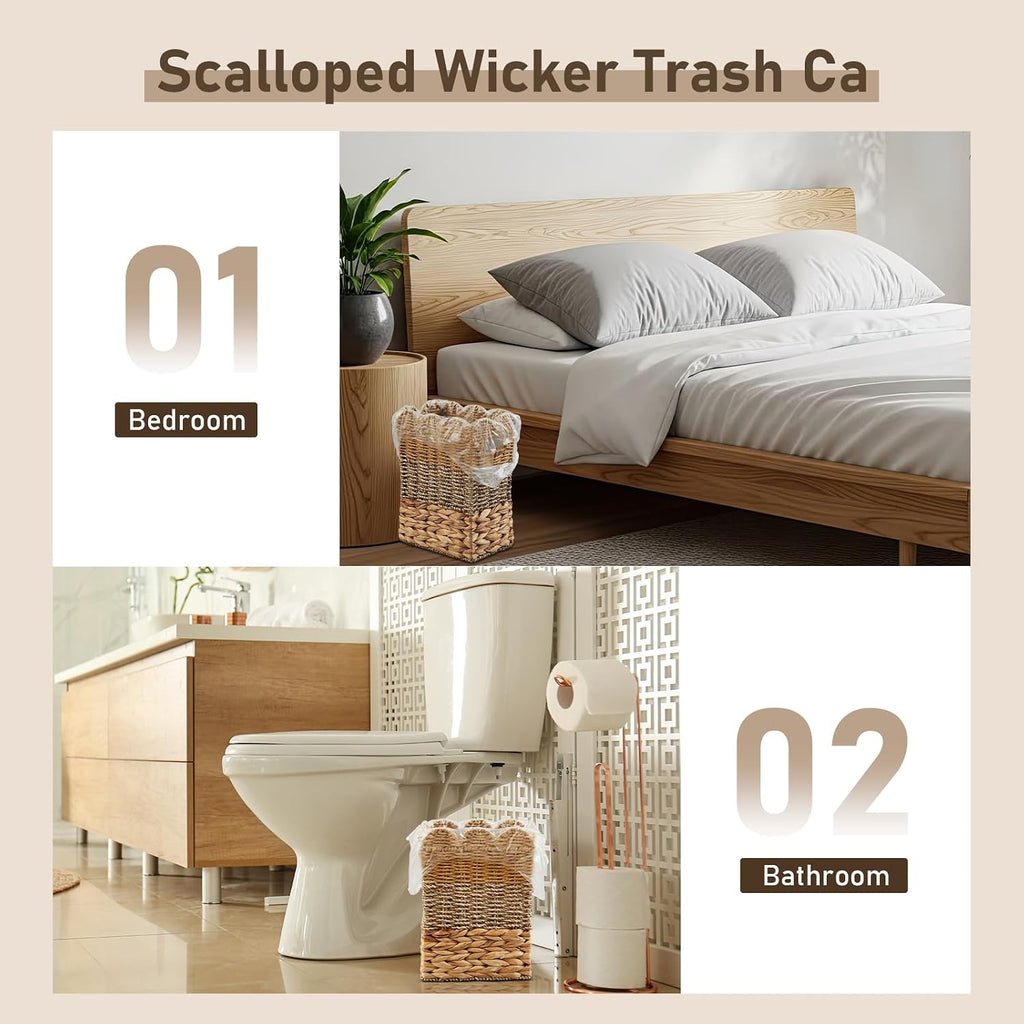 Ctosree 3.5 Gallons Square Scallop Shaped Woven Trash Can Wicker Waste Basket with Handles, Wicker Trash Can with 50 Small Garbage Bags for Home Bathroom, Office Kitchen, 11.8 x 8.7 x 5.5 Inch