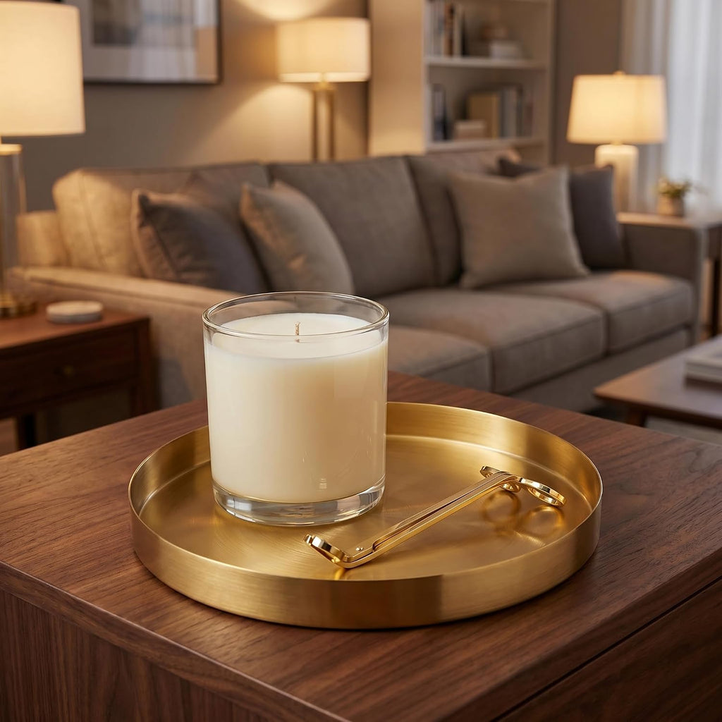 Jucoan 2 Pack 8 Inch Round Gold Tray, Decorative Small Round Vanity Tray, Circle Brass Gold Tray, Bathroom Storage Organizer Tray for Perfume Jewelry Food Coffee Tea Candle