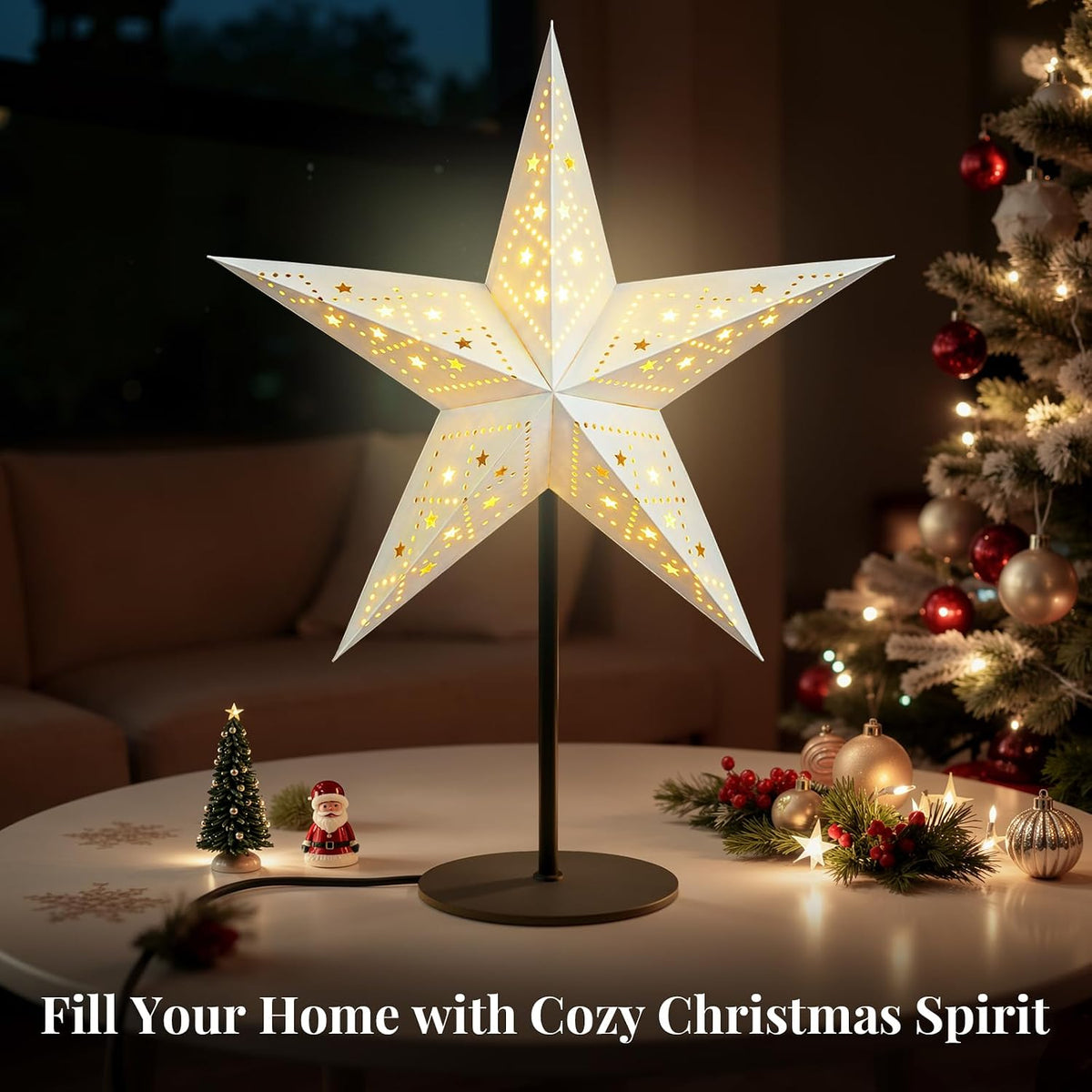 Lewondr 3D Christmas Paper Star Table Lamp, 17.72" 5-Pointed Xmas Star