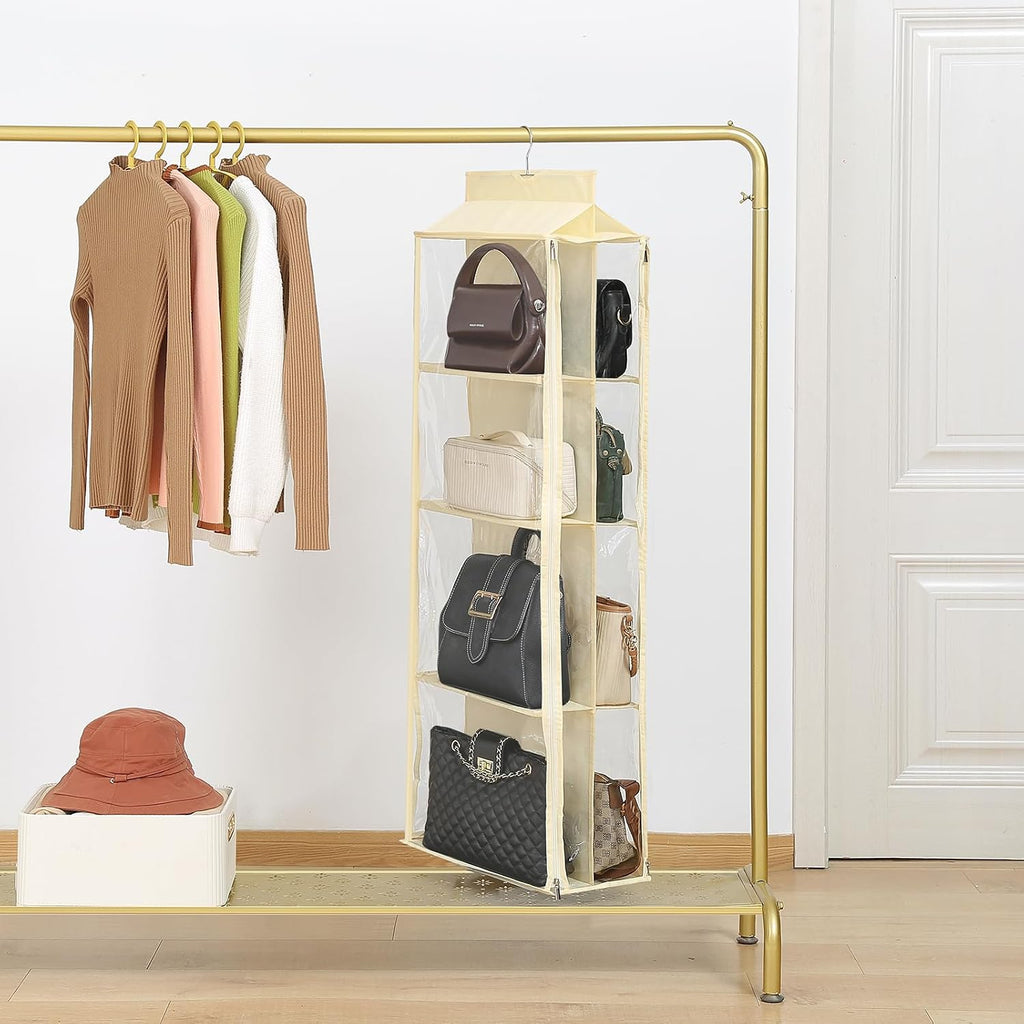 8 Grids in 1 Pack Hanging Purse Handbag Organizer with Double Zippers, Visible Purse Organizer for Closet, Fully Enclosed Purse Storage Holder-Beige