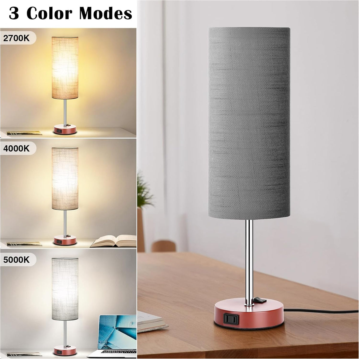 ZJOJO Table Lamp for Bedroom 2 Pack,18in Bedside Lamps with 3 Way Dimmable Rocker Switch & AC Outlet,Nightstand Desk Lamp with Gray Fabric Shade Brown Base for Living Room Home Decor Lights