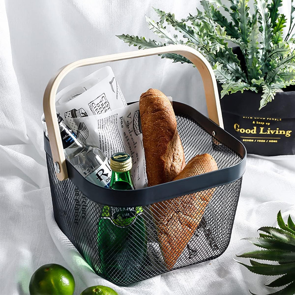 Mesh Steel Storage Organizer Basket Fruit Basket Bin with Wood Handle Ideal for Kitchen Bathroom Picnic Baskets Pantry Cabinets Storage Home Decor (Nebula Green)
