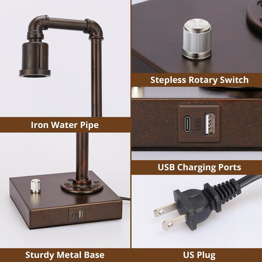 Industrial Table Lamp with Water Pipe Design, Fully Dimmable Bedside Lamp