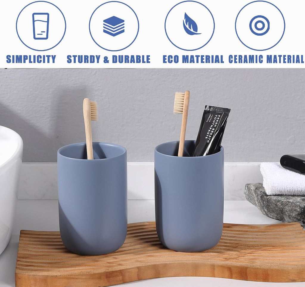 Toothbrush Holders for Bathrooms - 2 Cups Ceramic Toothbrush Toothpaste Holders Set, Blue Bathroom Tumbler Cups Reusable Toothbrush Mouthwash Cup, Bathroom Counter Organizer.