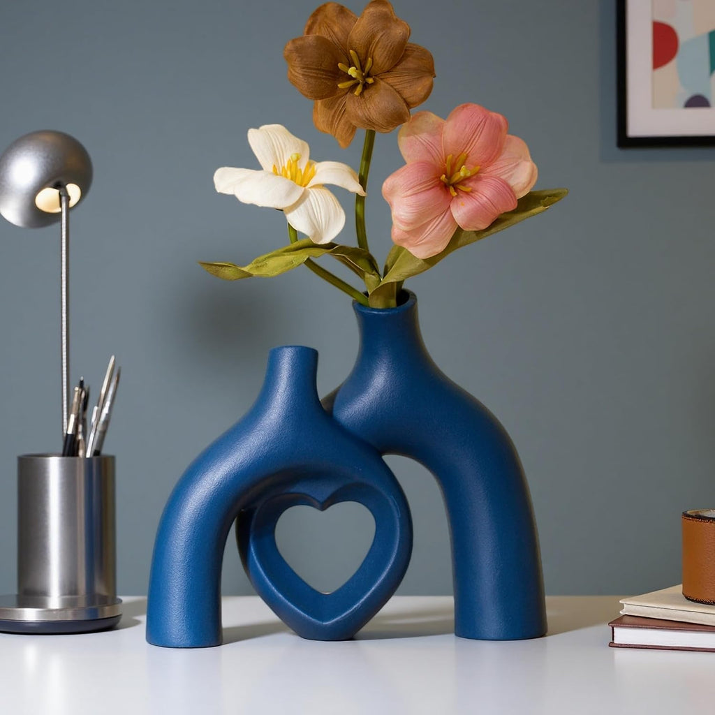 Liotww Ceramic Flower Vase Navy Blue Heart Shaped Home Decor Vase