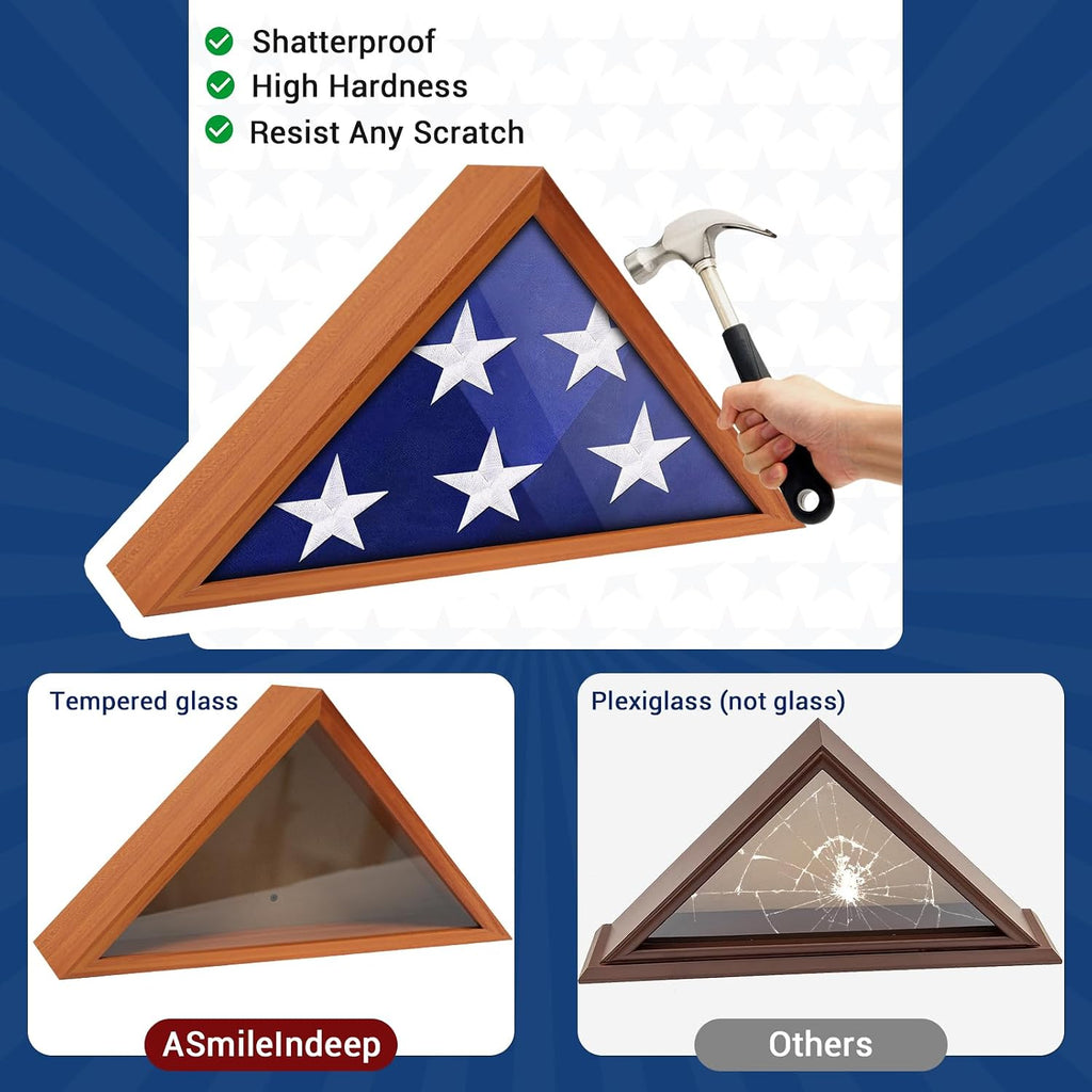 ASmileIndeep Flag Display Case for 3' x 5' Flag, American Flag Shadow Box with HD Tempered Glass and Wall Mount, Folded Triangle Flag Holder Frame for Small Flag (Not for Burial Flag) - Brown