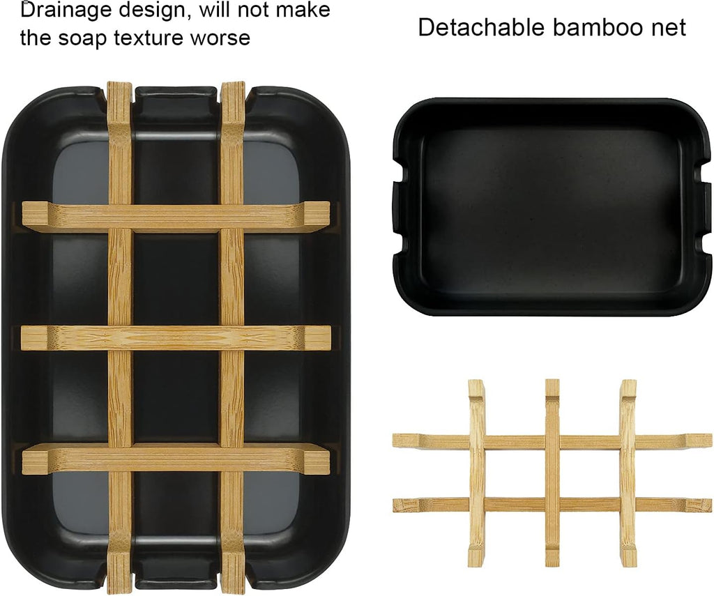 2 Pack Bamboo Soap Dish, Self-Draining Soap Box, Wooden Bamboo Bar Soap Holder for Shower, Bathroom, Kitchen, Bathtub, Bar Sink (White and Black)