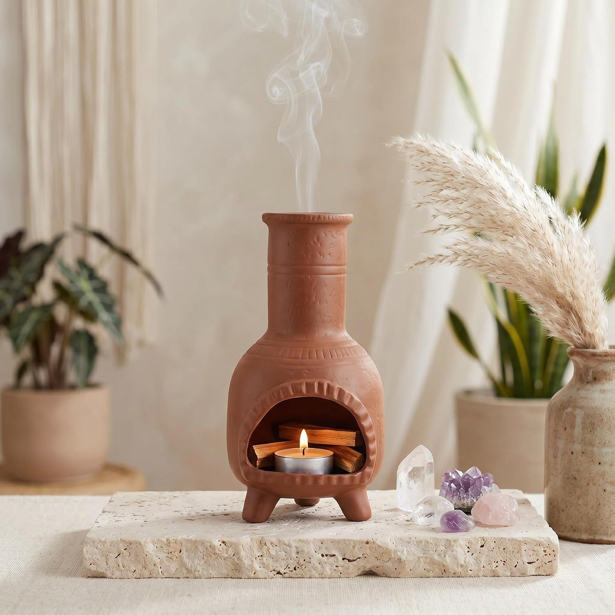 TOPZEA Handmade Terracotta Palo Santo Holder Burner, Mini Clay Chiminea Incense Cone Burner & Sage Smudge Pot Ash Catcher for Energy Cleansing, Boho Southwestern Decor, Meditation & Spiritual Gift